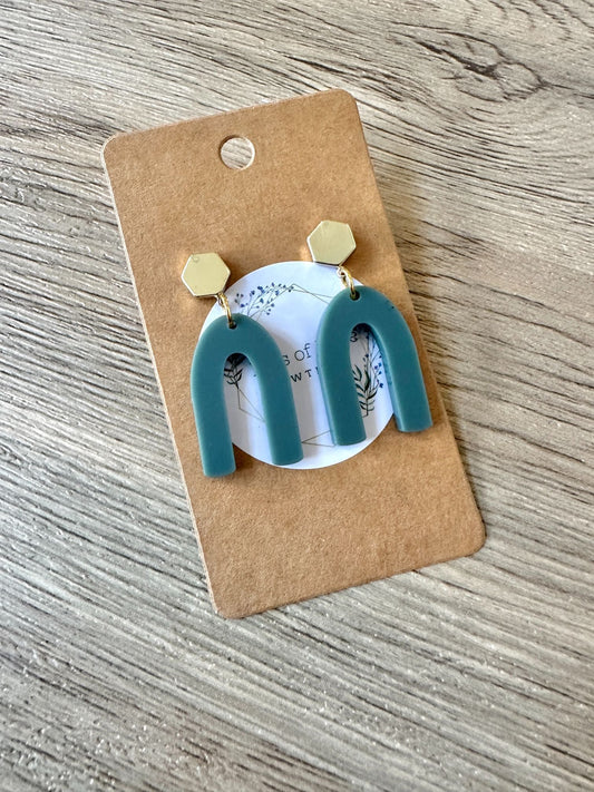 Matte Green Arch Gold Hexagon Stud Drop Earrings