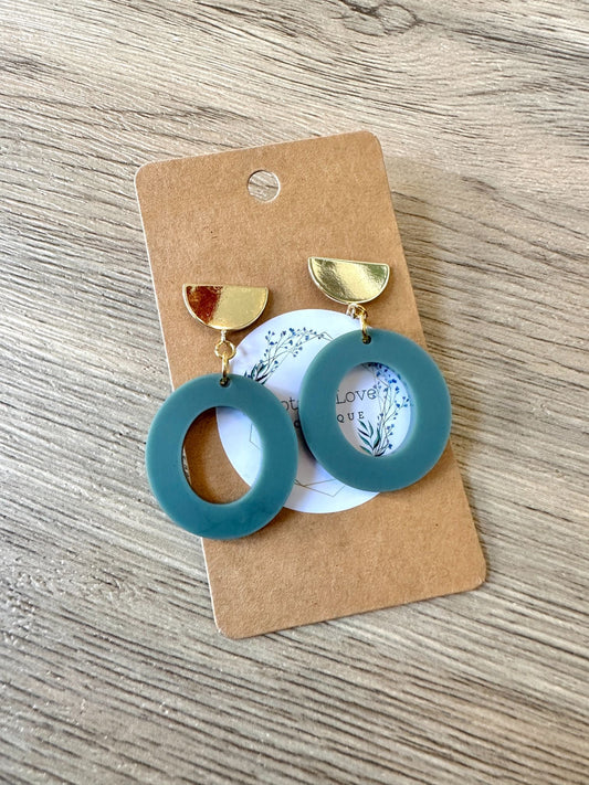 Matte Green Circle Gold Half Circle Stud Drop Earrings