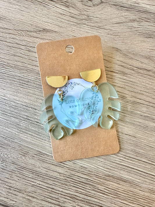 Sea Glass Monstera Gold Half Circle Stud Drop Earrings