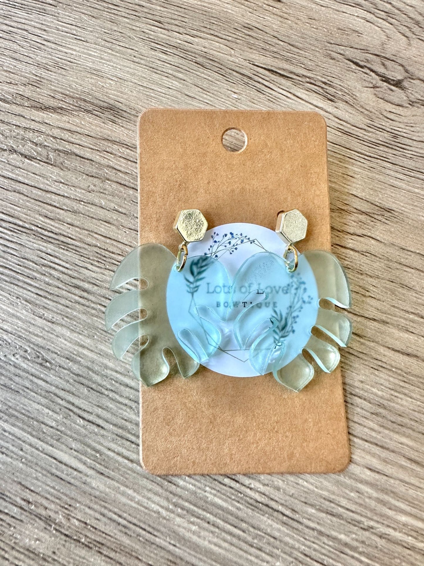 Sea Glass Monstera Gold Hexagon Stud Earrings