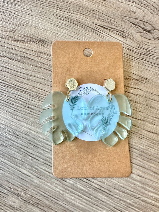 Sea Glass Monstera Gold Hexagon Stud Earrings