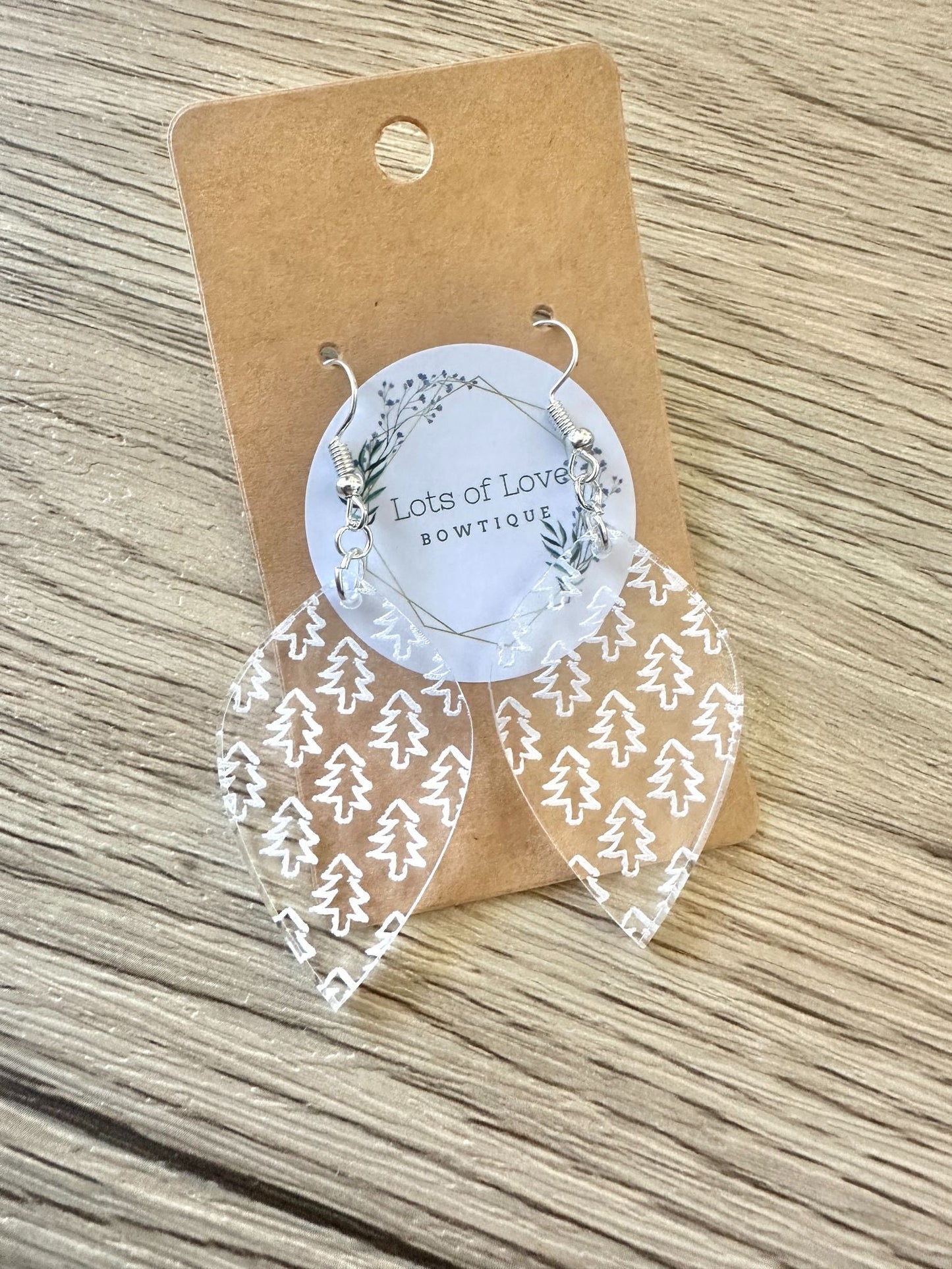 Clear Reverse Teardrop Tree Engraved Earrings
