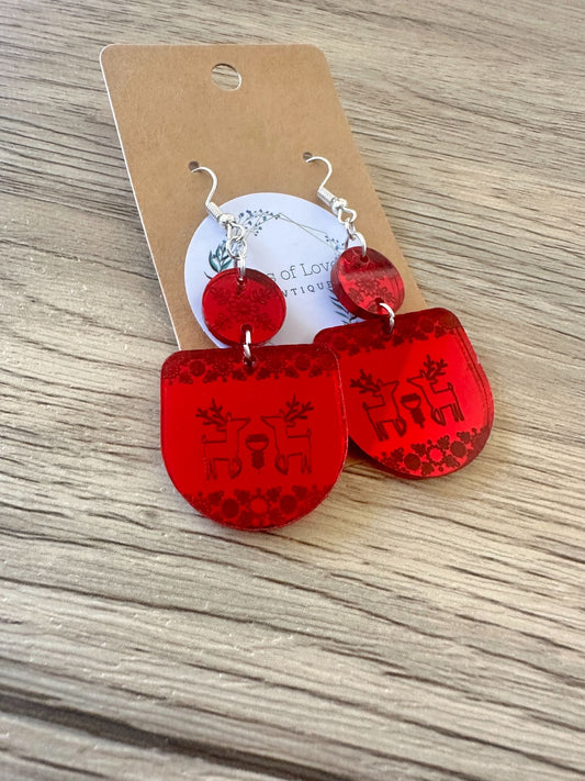 Red Mirror Reindeer Engraved Earrings