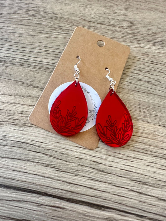 Red Mirror Teardrop Holly Engraved Earrings