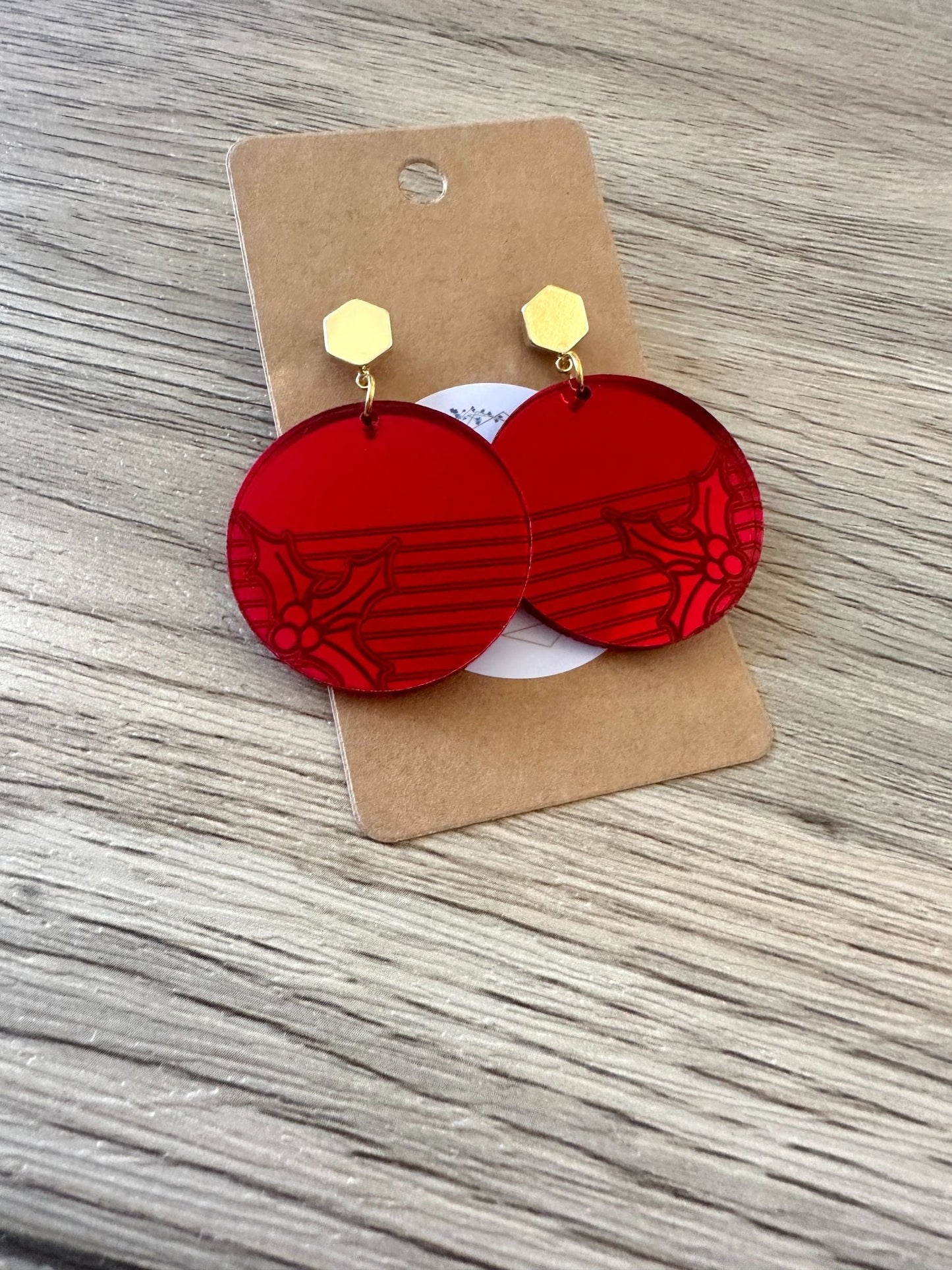 Red Mirror Mistletoe Stud Drop Circle Earrings