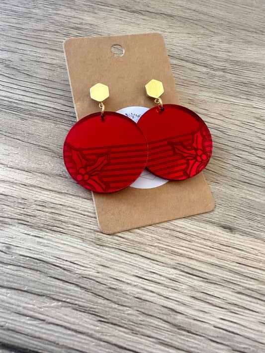 Red Mirror Mistletoe Stud Drop Circle Earrings