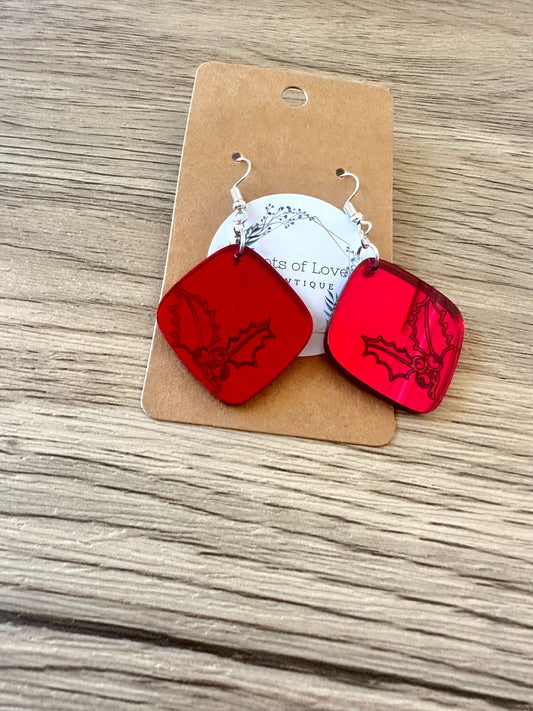 Red Mirror Diamond Mistletoe Earrings