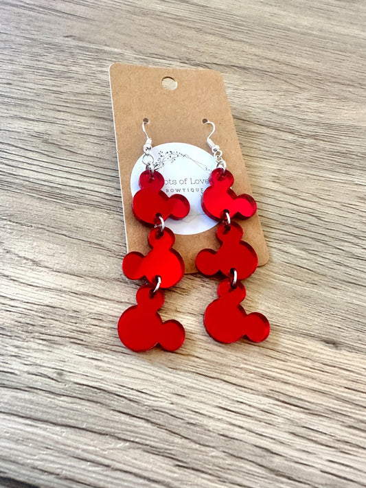 Red Mirror Triple Mouse Head Earrings