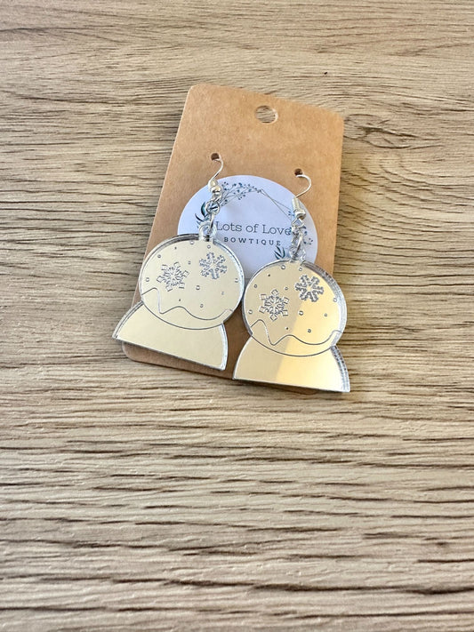 Silver Mirror Snow Globe Engraved Earrings