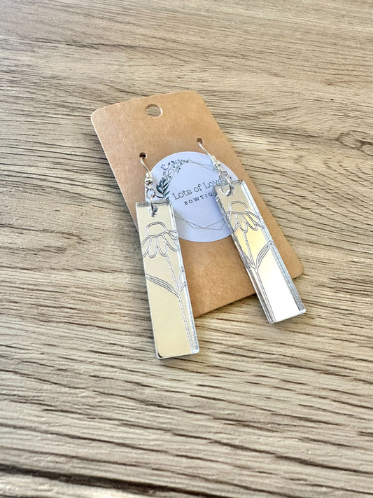 Silver Mirror Bar Daisy Engraved Earrings
