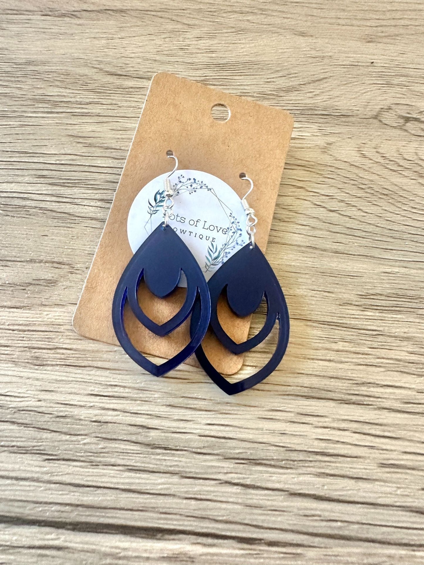Navy Mirror Tear drop Cut out Earrings