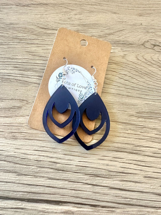 Navy Mirror Tear drop Cut out Earrings