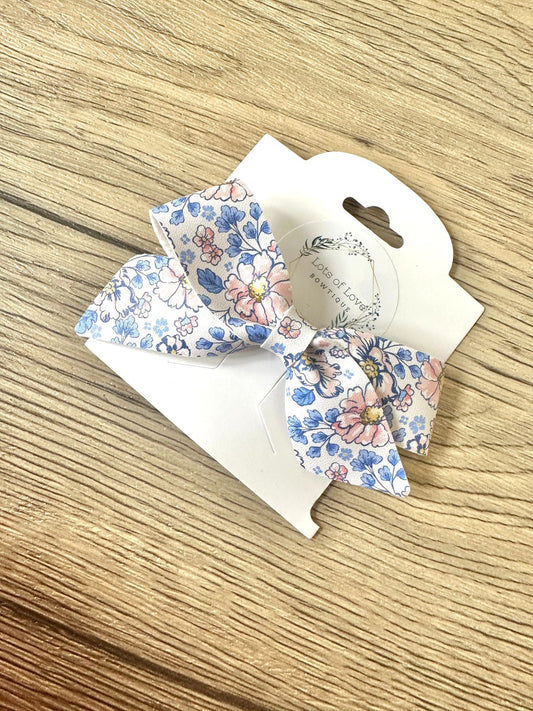 Blue and Light Coral Floral Blakely Bow